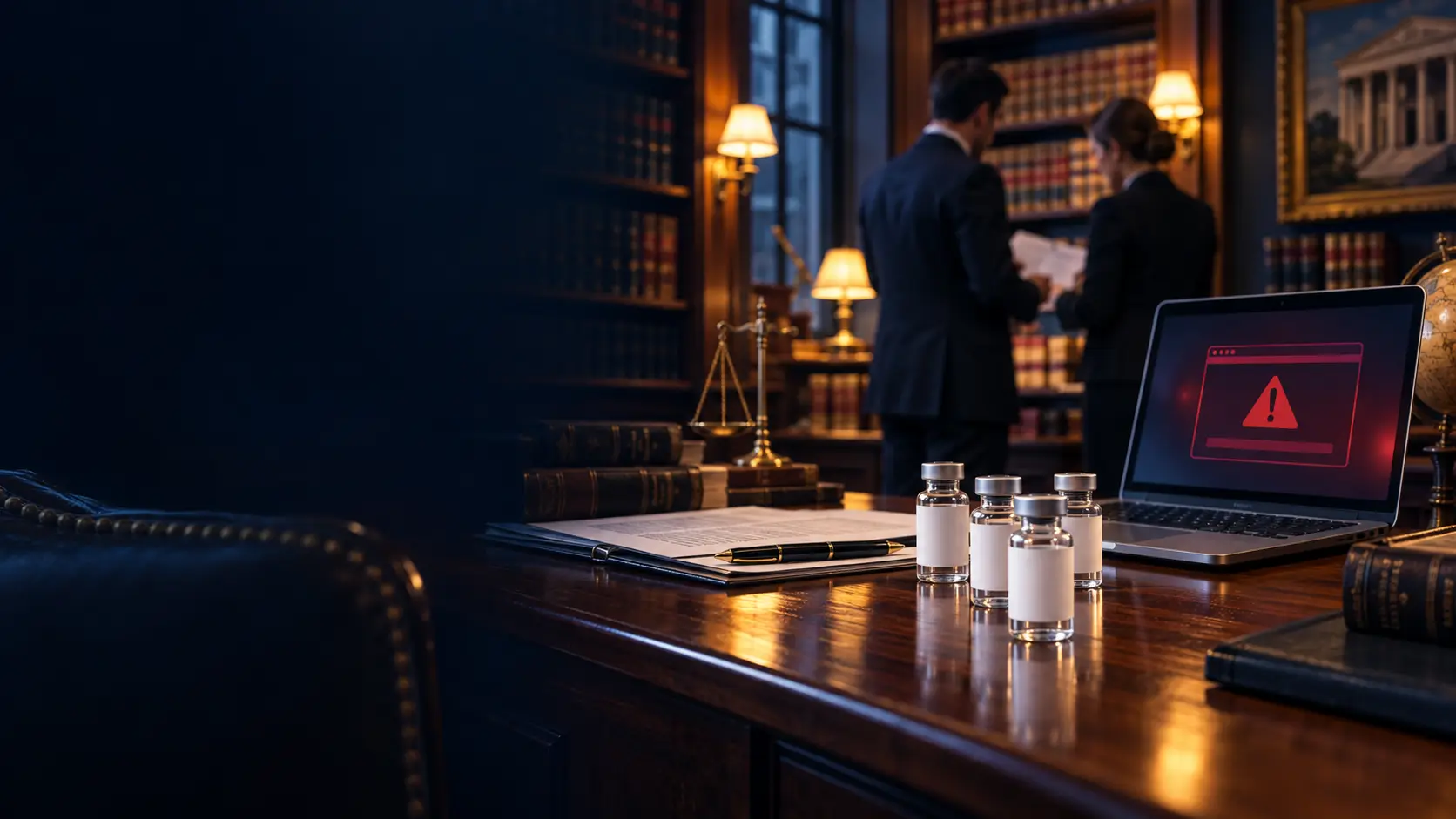 Illustrative law library with books and laboratory vials